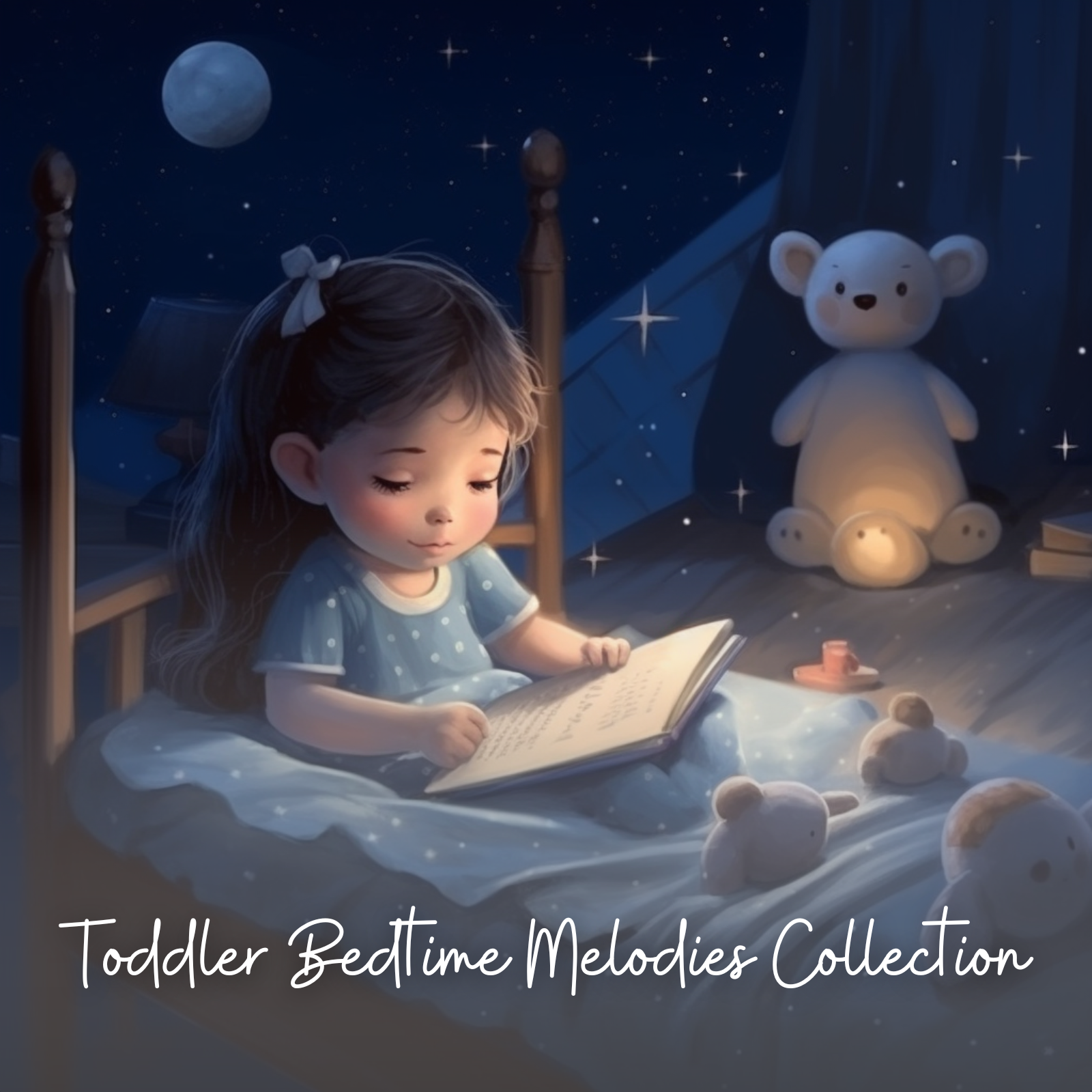 A toddler girl with long dark hair sits peacefully on her bed in a softly lit room, reading a bedtime book. She is surrounded by plush toys, including a glowing teddy bear in the background. The scene is bathed in a dreamy night ambiance, with stars shining through the window and a full moon in the sky. The overall mood is calm, cozy, and magical. The text “Toddler Bedtime Melodies Collection” appears at the bottom in a gentle handwritten font.