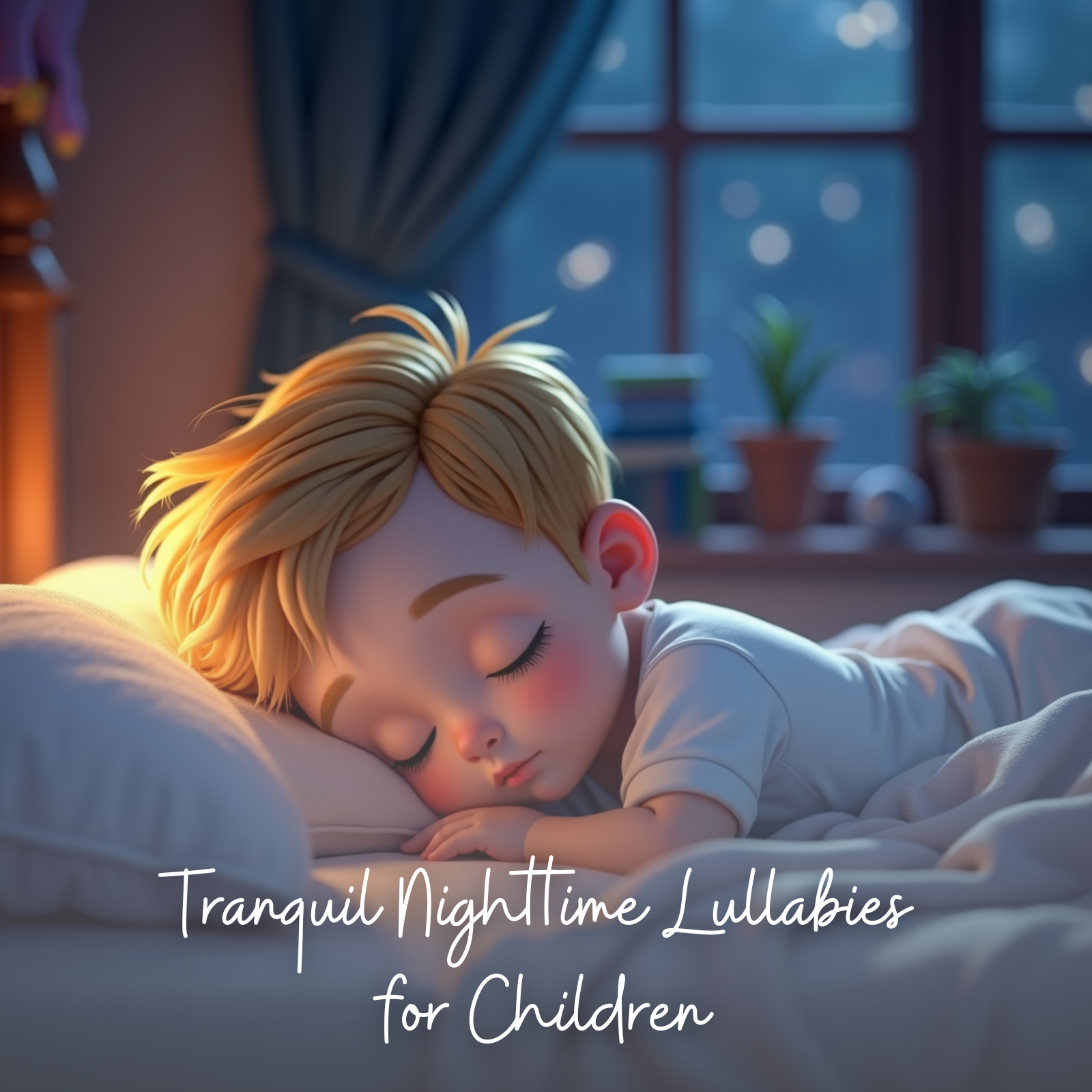 A serene digital illustration of a young child with blonde hair peacefully sleeping on a white pillow, bathed in soft lamp light. The cozy bedroom setting includes a window revealing a calm, starry night sky with potted plants on the windowsill, enhancing the tranquil bedtime atmosphere. The image is overlaid with the title “Tranquil Nighttime Lullabies for Children,” perfectly capturing the soothing, sleep-friendly mood.