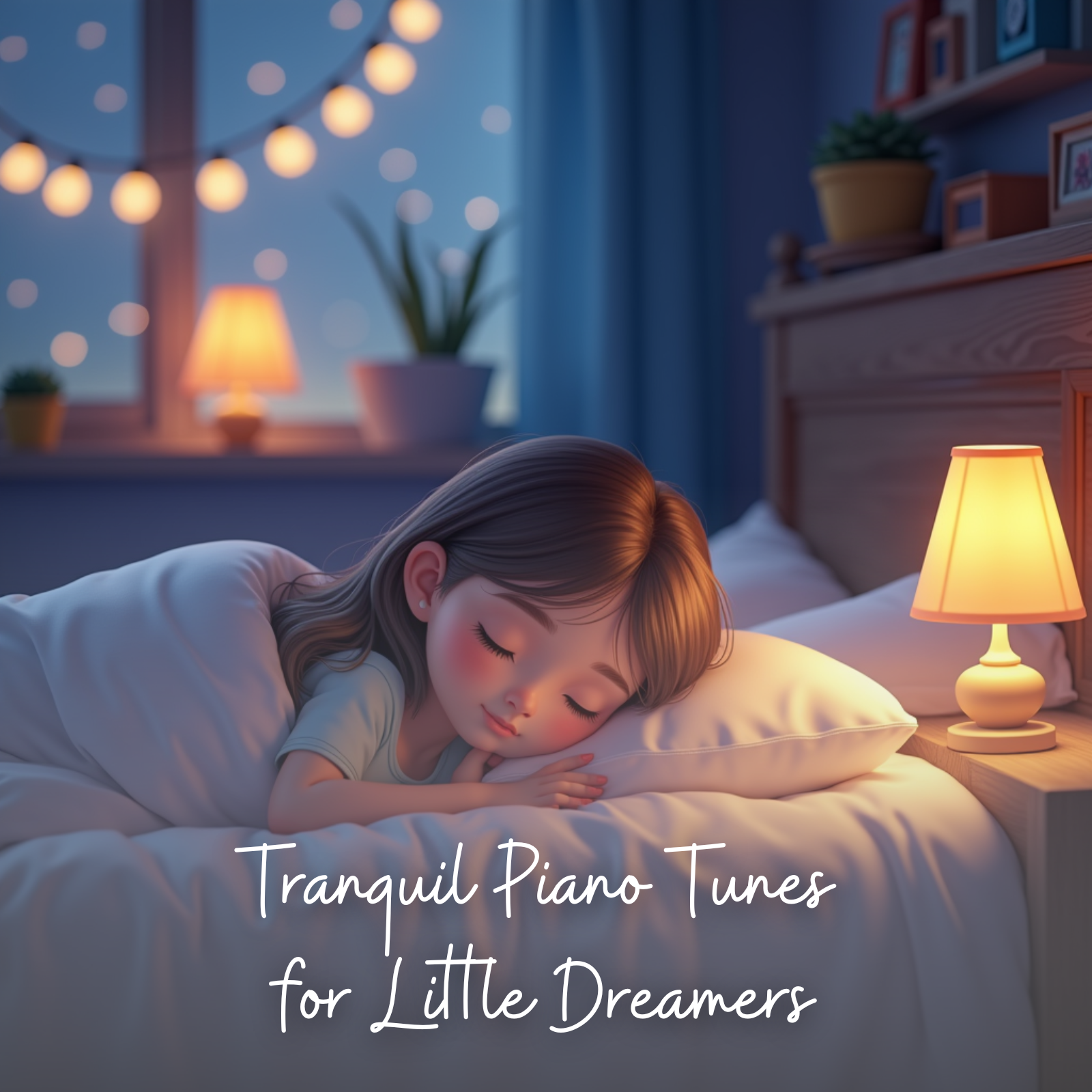 A young girl with long brown hair sleeps peacefully in a cozy bedroom, softly illuminated by warm bedside lamps and fairy lights in the window. The calm nighttime setting includes indoor plants and wooden shelves, creating a dreamy, tranquil mood. The text on the image reads: “Tranquil Piano Tunes for Little Dreamers,” suggesting a gentle music collection for children's sleep.