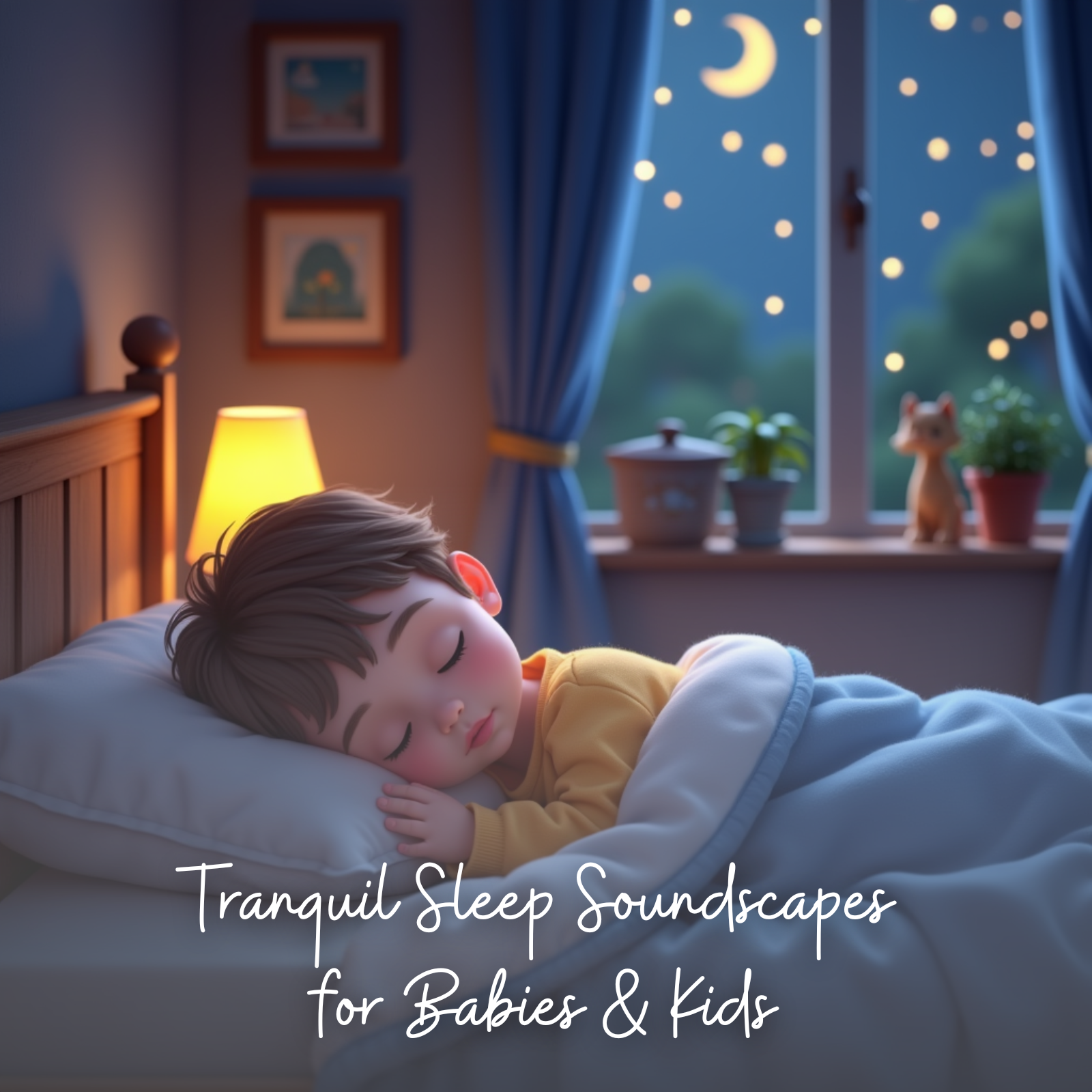 A peaceful bedroom scene featuring a young boy with short brown hair sleeping soundly under a blue blanket. The room is warmly lit by a bedside lamp, and a night sky with a crescent moon and glowing stars is visible through the window. On the windowsill, there are potted plants and a small animal figurine. The text on the image reads: “Tranquil Sleep Soundscapes for Babies & Kids.”