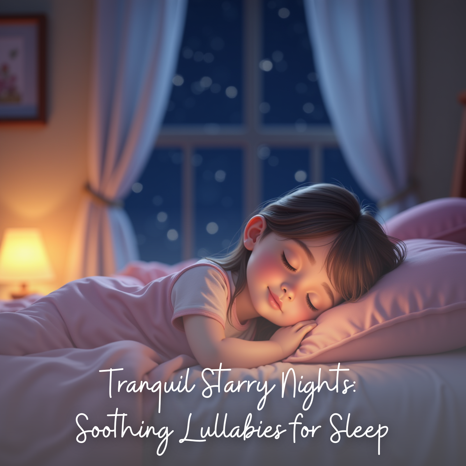A young girl with dark hair sleeps soundly on a pink pillow under soft lighting in a cozy bedroom. Through the window behind her, a clear starry night sky creates a serene backdrop, echoing the dreamy mood of the album title “Tranquil Starry Nights: Soothing Lullabies for Sleep.”