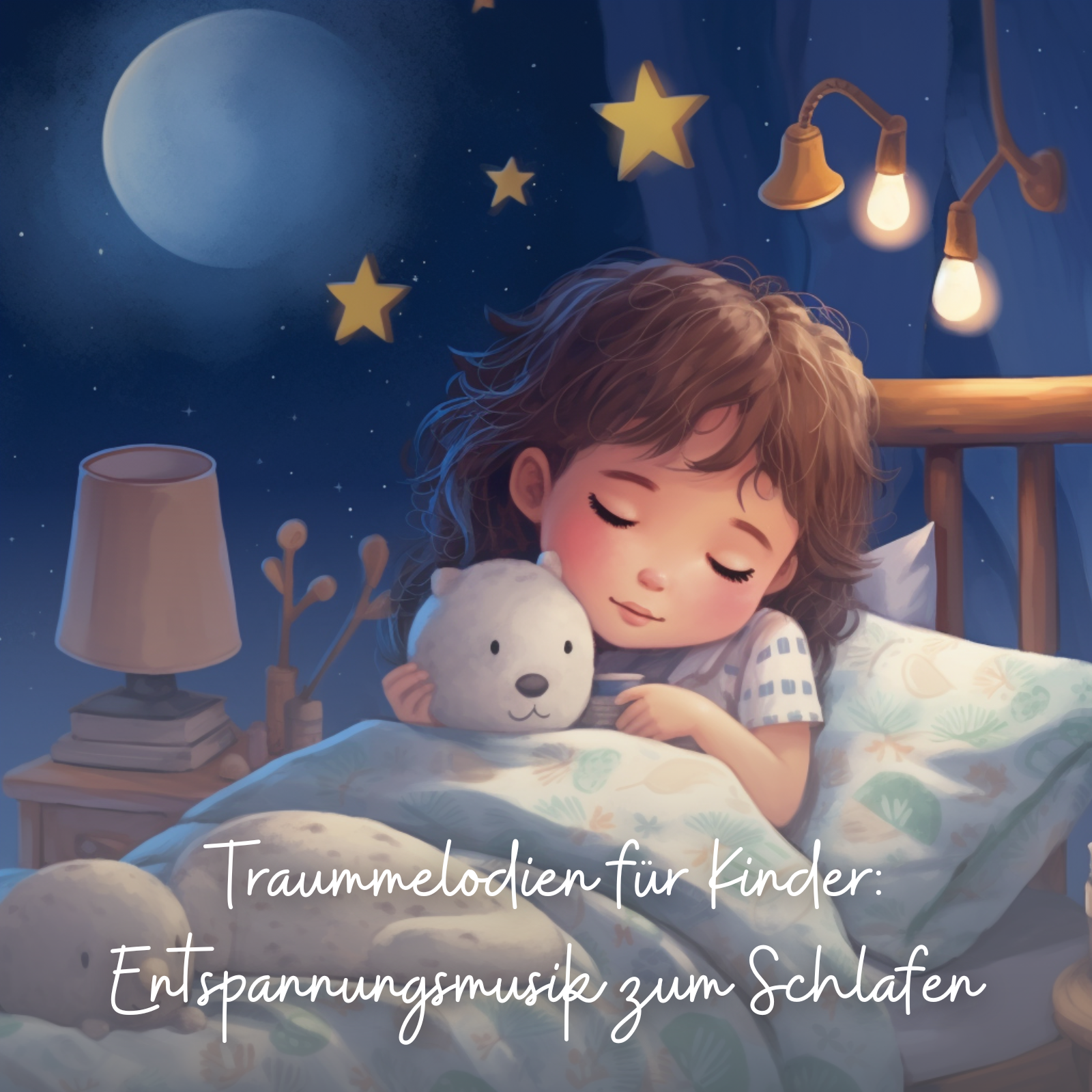 A young child with brown hair sleeps peacefully while hugging a white teddy bear under a patterned blanket. The bedroom is softly lit with warm lights, and a night sky with stars and a glowing moon can be seen through a window. Text in German reads: “Traummelodien für Kinder: Entspannungsmusik zum Schlafen.”