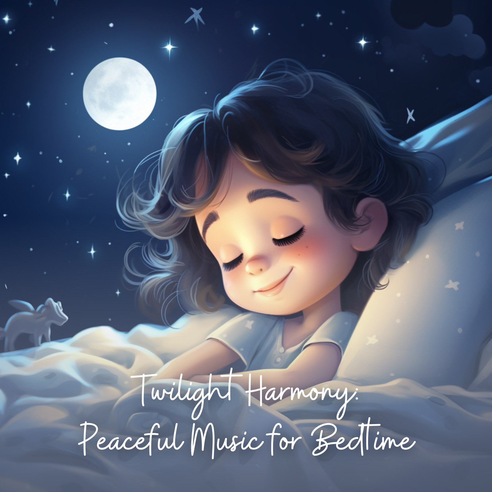 A young child with curly dark hair sleeps peacefully in a cozy white bed under a clear, starry night sky illuminated by a glowing full moon. The dreamy atmosphere is enhanced by soft clouds, scattered twinkling stars, and a gentle white bunny nearby. The image has the title “Twilight Harmony: Peaceful Music for Bedtime” written in calm, flowing script.