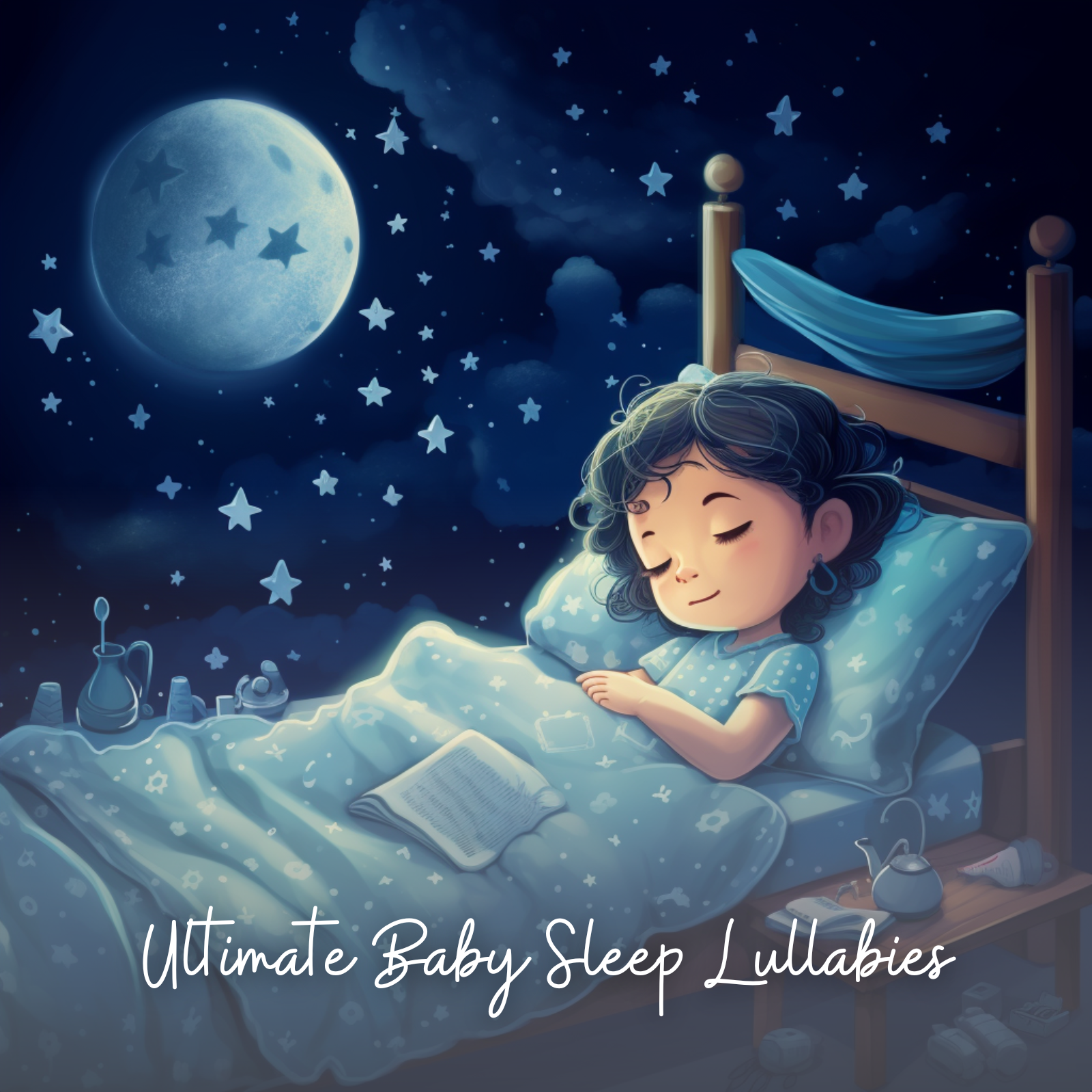 A toddler with curly dark hair sleeps peacefully in a cozy wooden bed under a starry night sky, surrounded by soft blankets and a glowing full moon. The room is filled with gentle nursery details like a teapot, books, and plush toys. The calming text reads “Ultimate Baby Sleep Lullabies” in a soothing, elegant font.