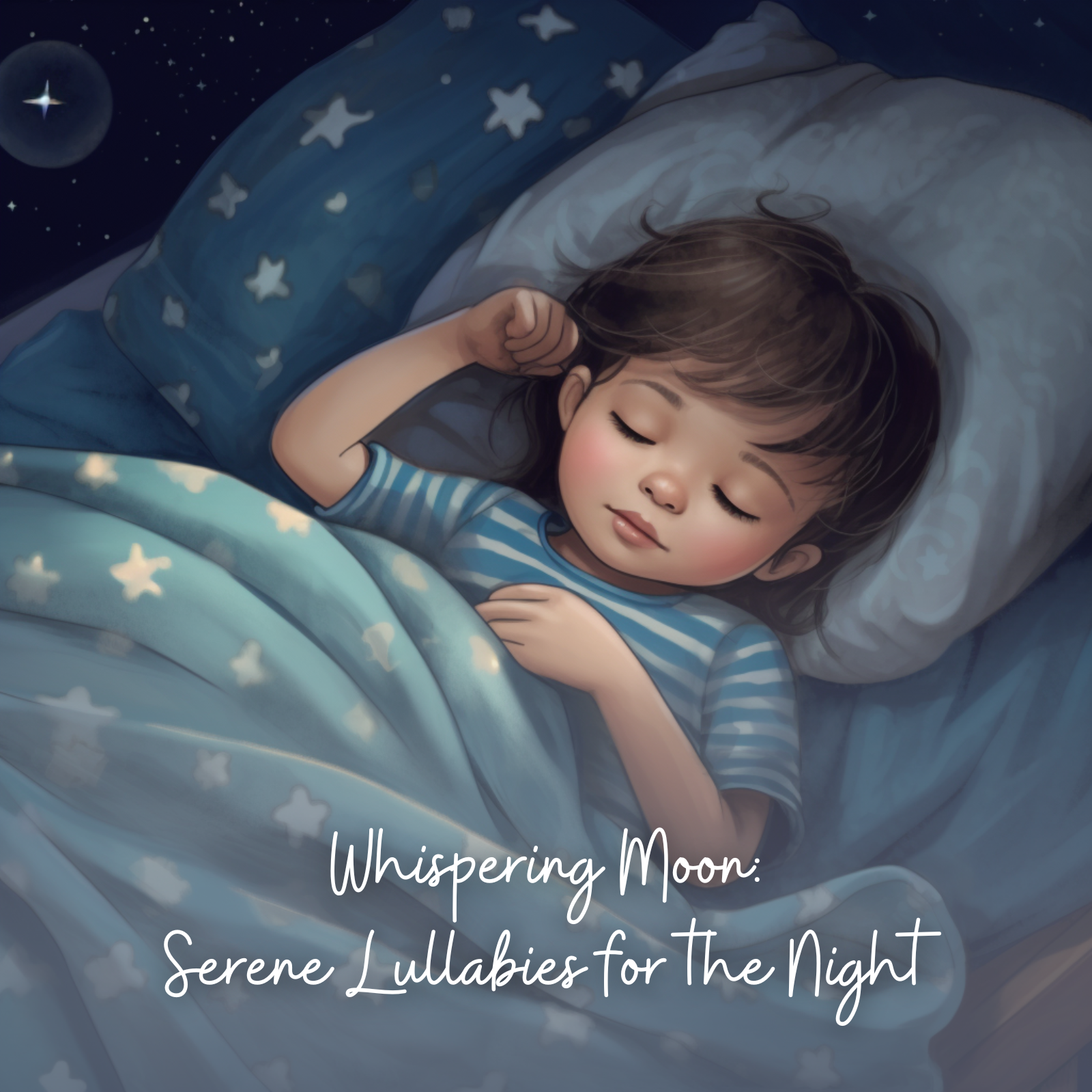 Illustration of a toddler peacefully sleeping in striped pajamas under star-patterned bedding, with a soft glow from the night sky and distant moon, featuring the text “Whispering Moon: Serene Lullabies for the Night.”