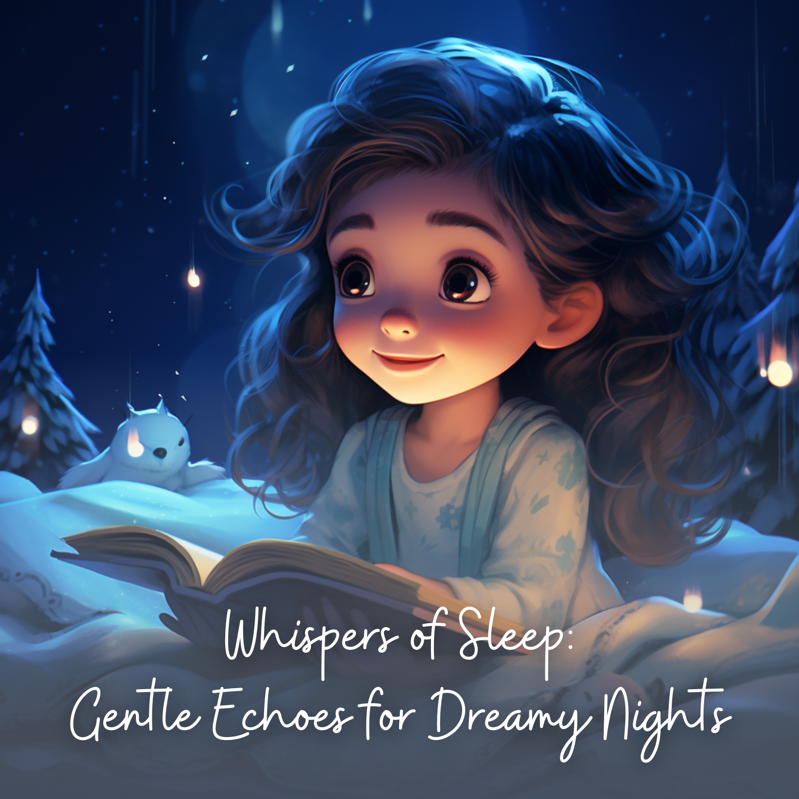 Illustration of a wide-eyed young girl with curly hair reading a book in bed under a glowing night sky, surrounded by soft lights, snow-covered trees, and a plush animal, with the text “Whispers of Sleep: Gentle Echoes for Dreamy Nights.”